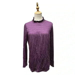 Sundance Large Purple Cotton Smocked Long Sleeve Top High Mock Neck Blouse